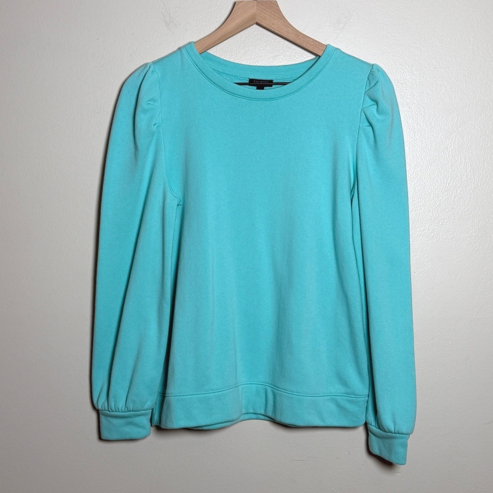 Talbots Womens Cotton Sweatshirt Size Medium Petite Turquoise Blue Puff Sleeve
